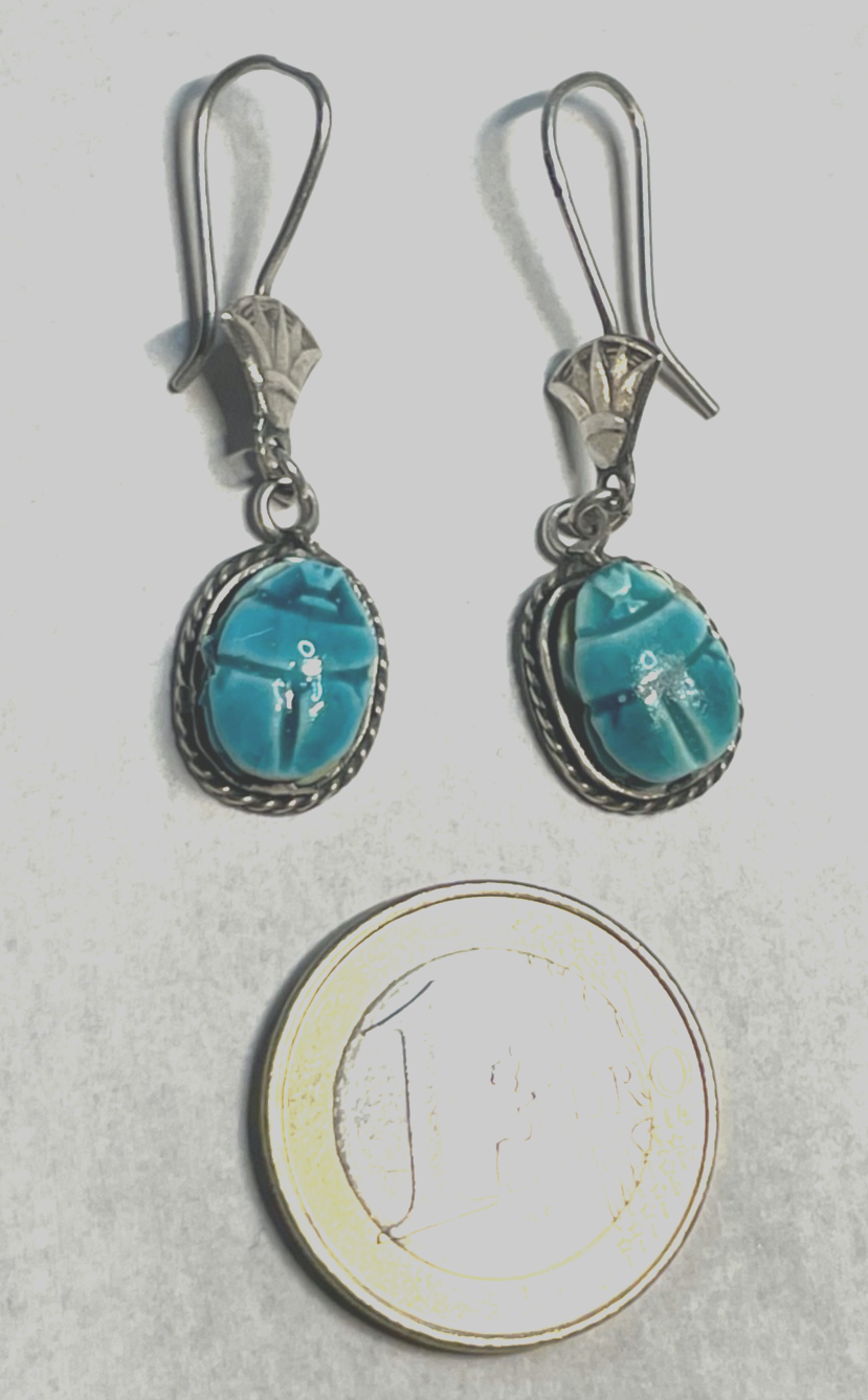 Vintage handgefertigte 925 Silber Ohrhänger Skarabäus mit Kartusche + Lotusblüte4