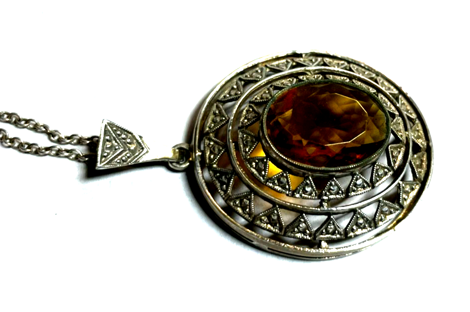 Antik 835 Silber Kette mit großer Anhänger Citrin cognac farbig 20er J gepflegt12