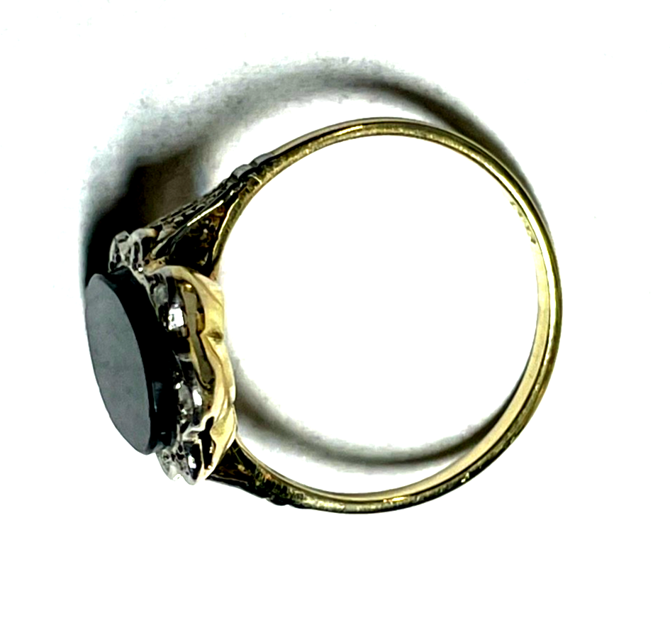 585 Gold 14 K Ring Bicolor orig. Art Deco Onyx Tafel + 8 Diamanten Ø 17,5 RG 5510