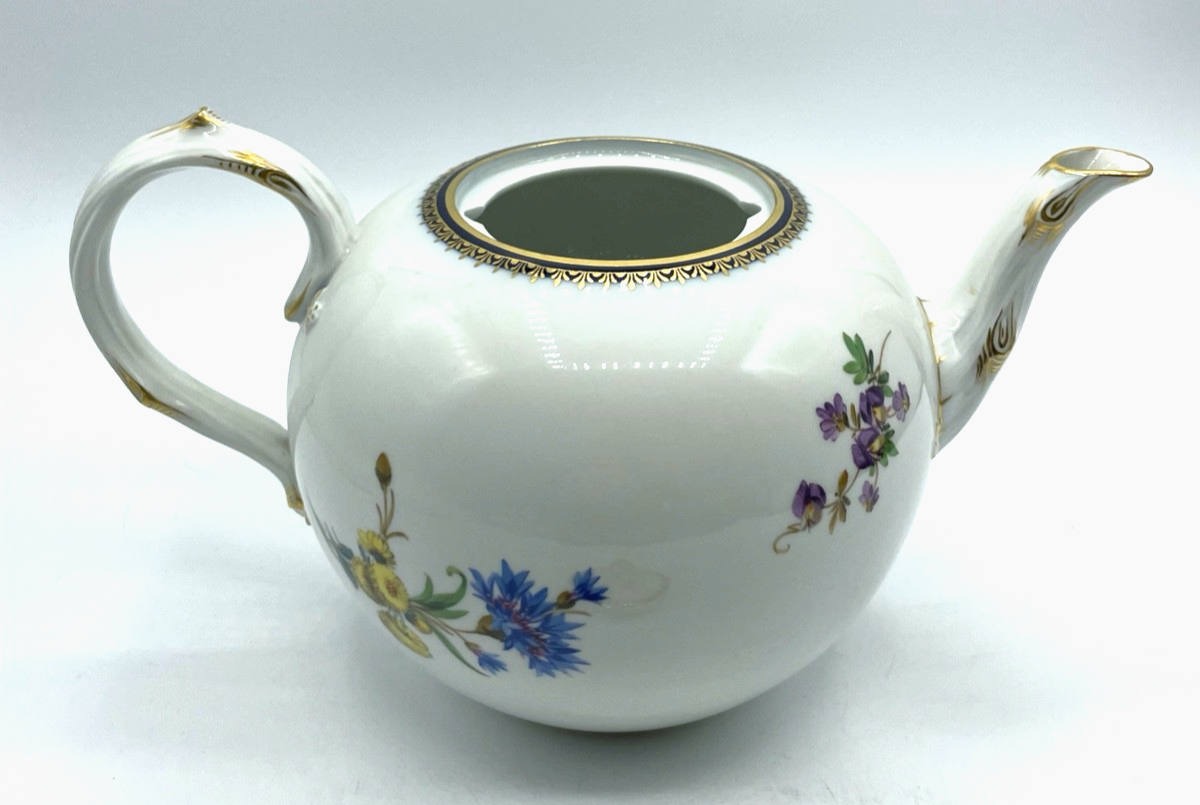 Antik Meissen Porzellan Teekanne 1. Wahl Blumenbukett Kobalt + Golddekor 1A Zust8