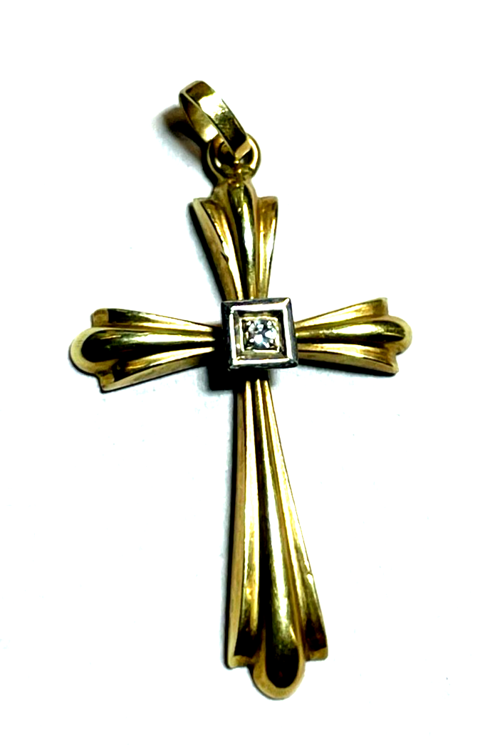 585 Gold 14 K Gelbgold Anhänger Kreuz mit kl. Brillant im antik Stil Juwelier1
