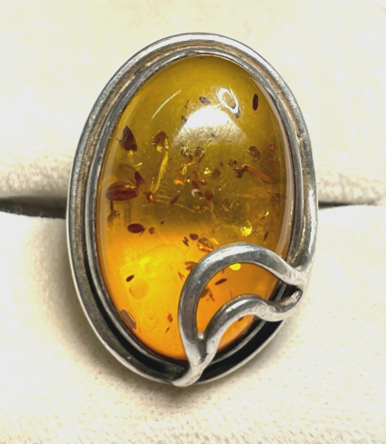 Aparter 925 Silber Ring Handarbeit Bernstein Cabochon RG 51 Ø 16,2 mm gepflegt8