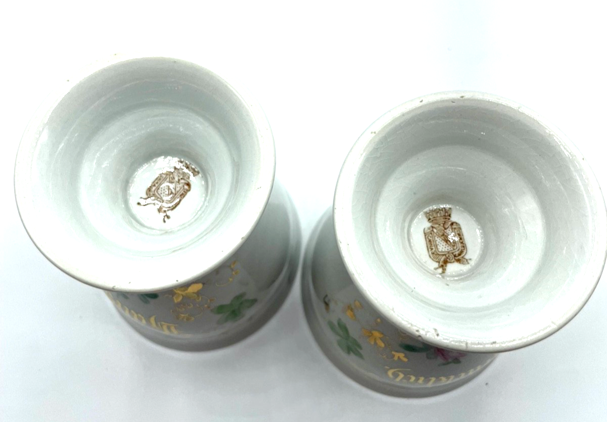 2 antik Sarreguemines Keramik Kakaobecher Andenken Becher Rosen Dekor Spruch4