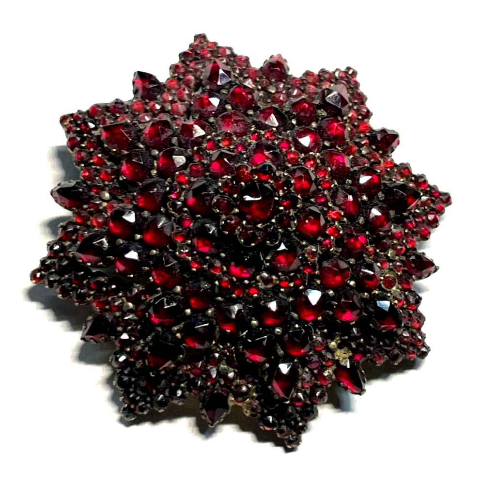 Antik attraktive Granat Brosche vor 1900 Silber vergoldet Ø 45 mm ungereinigt4