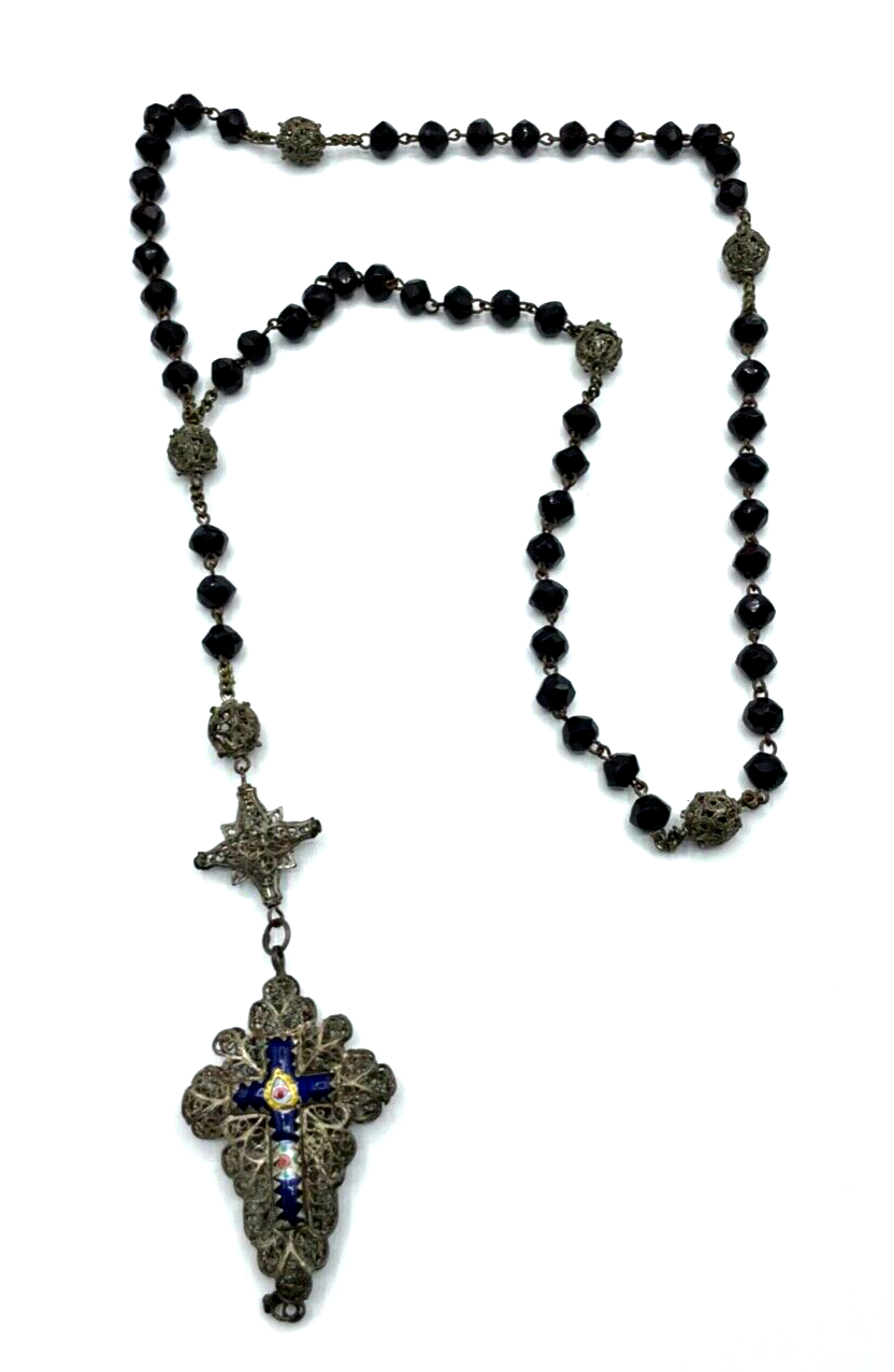 Antik Biedermeier Rosenkranz Filigran + Emaille Granat Perlen teilweise Silber1