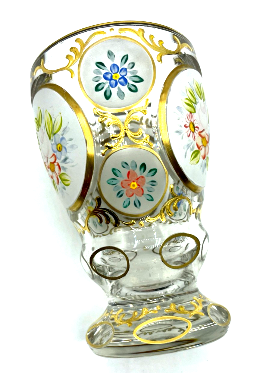 Antik Pokal Glas Becher handbemalt Ranftbecher Blumen Gold Dekor5