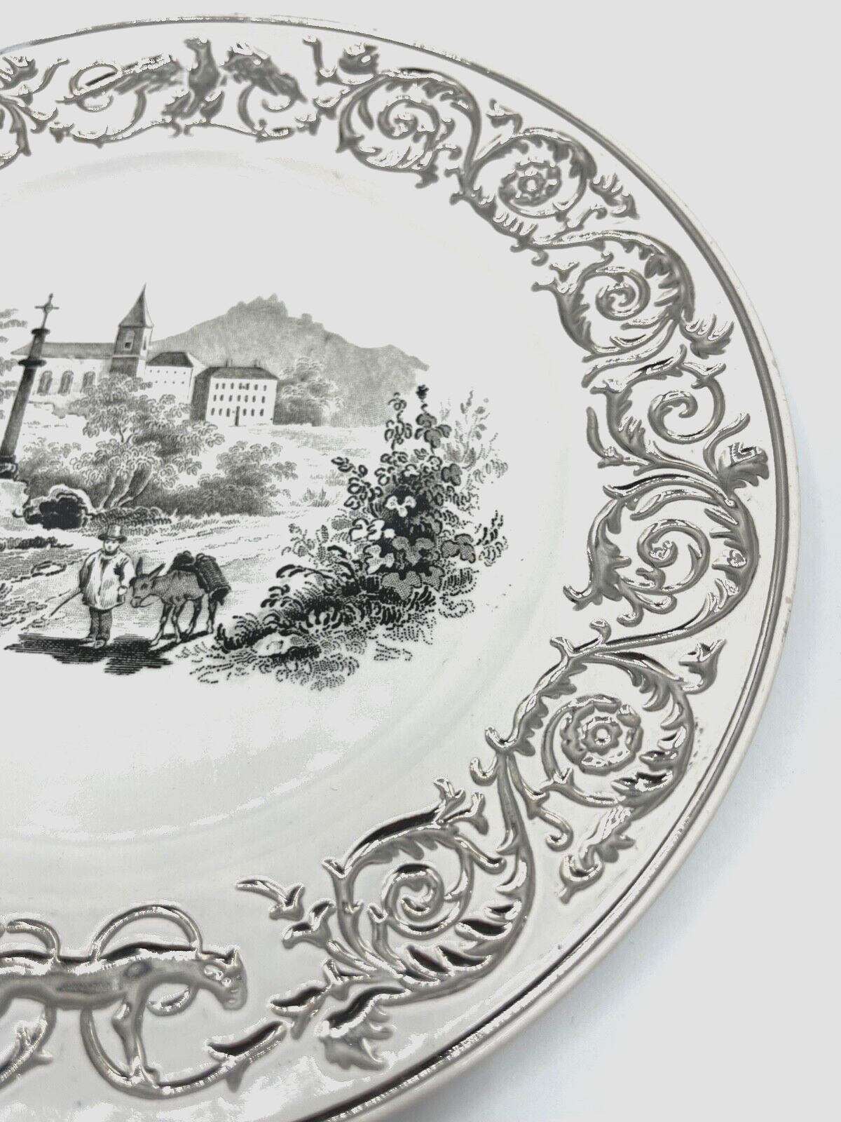 * Antik 3 Keramik Teller Landschaft Szenerie vor 1900 Silber Rand Dekor Ø 18,2cm6