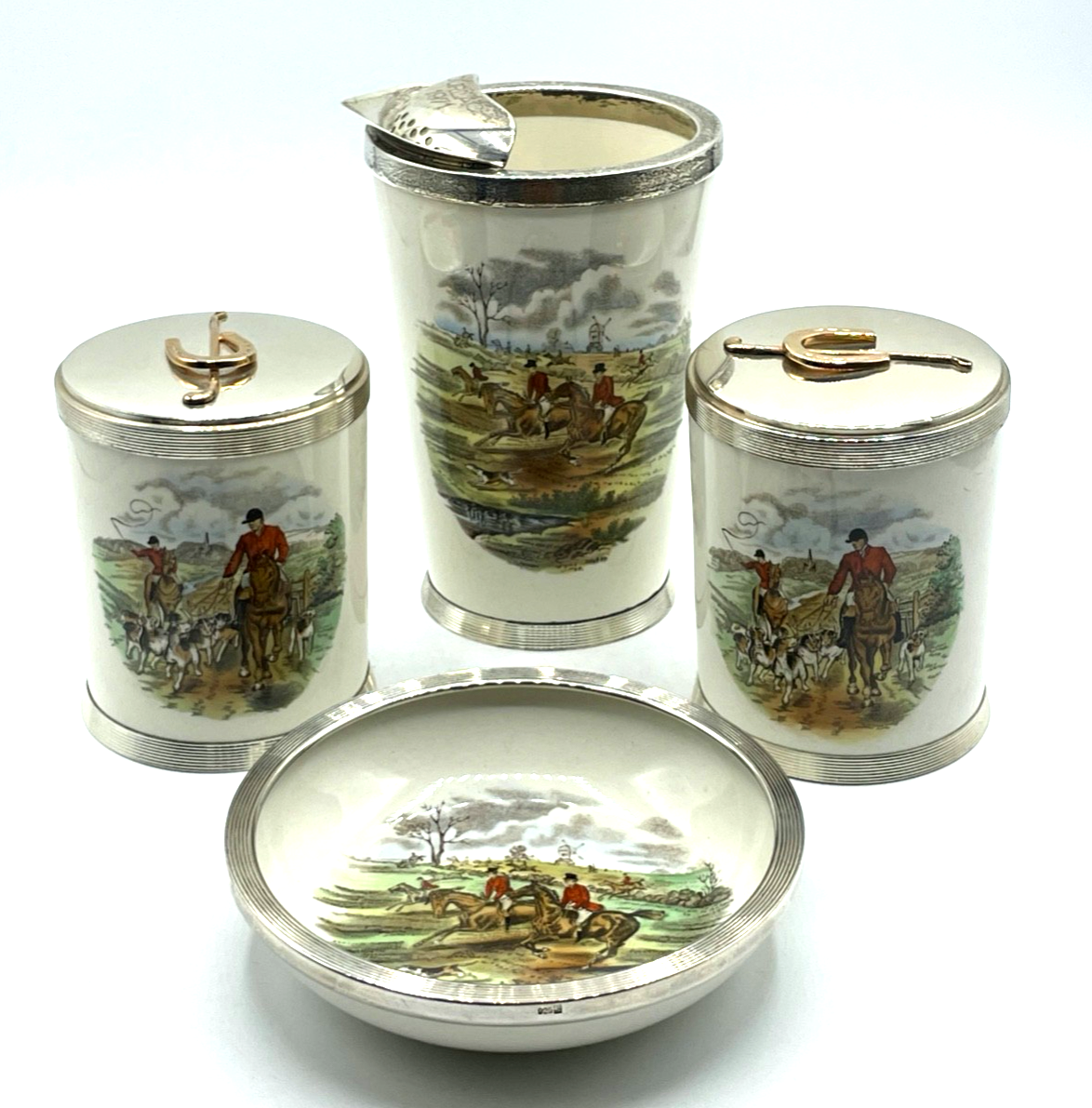 Vintage Bar Set Copeland Spode England Sterling Silber Herring's Hunt 4 teilig0
