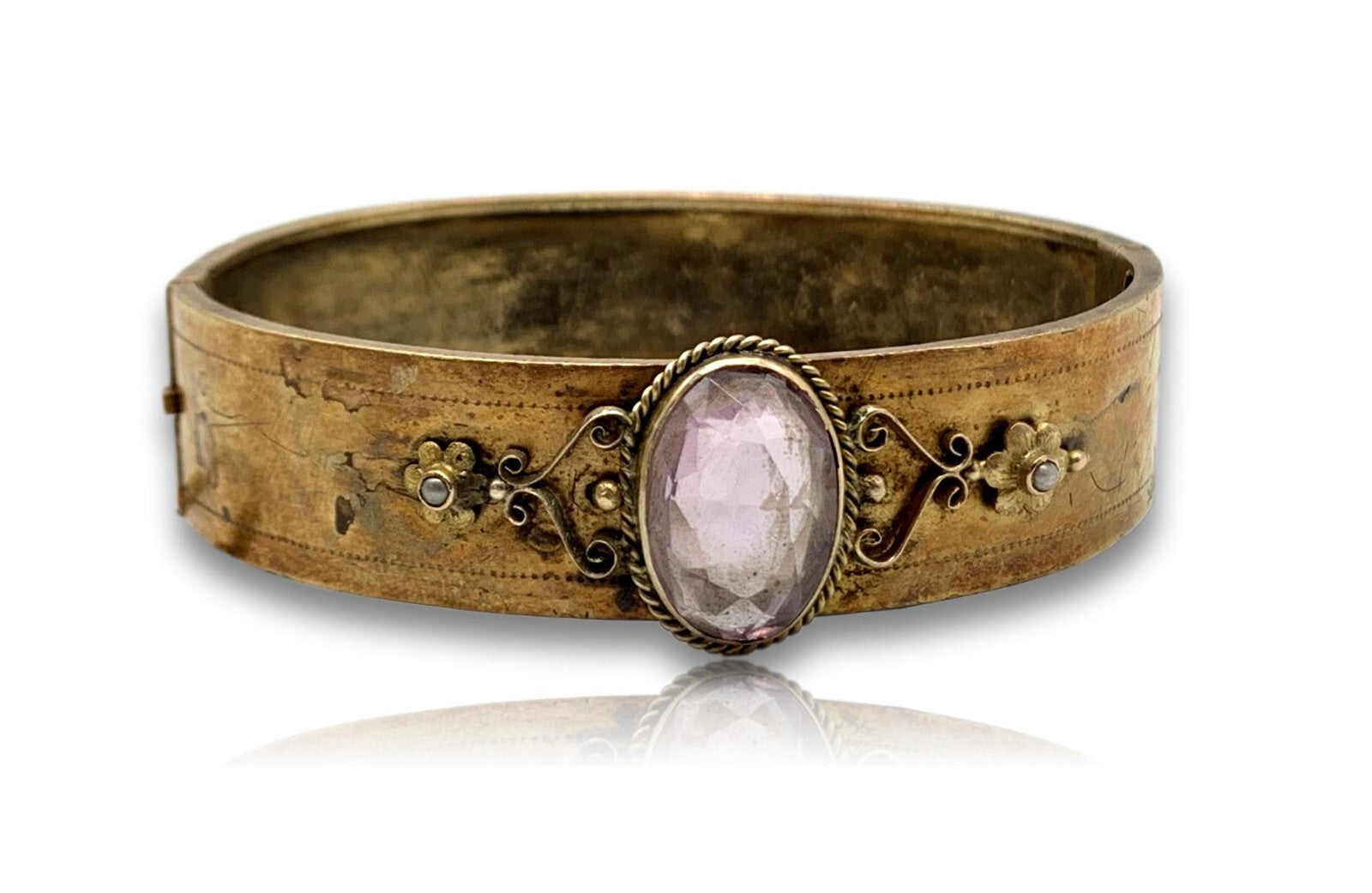Biedermeier Armreif - 560 Gold ca. 14 Karat - Amethyst mit Saatperlen - um 18301