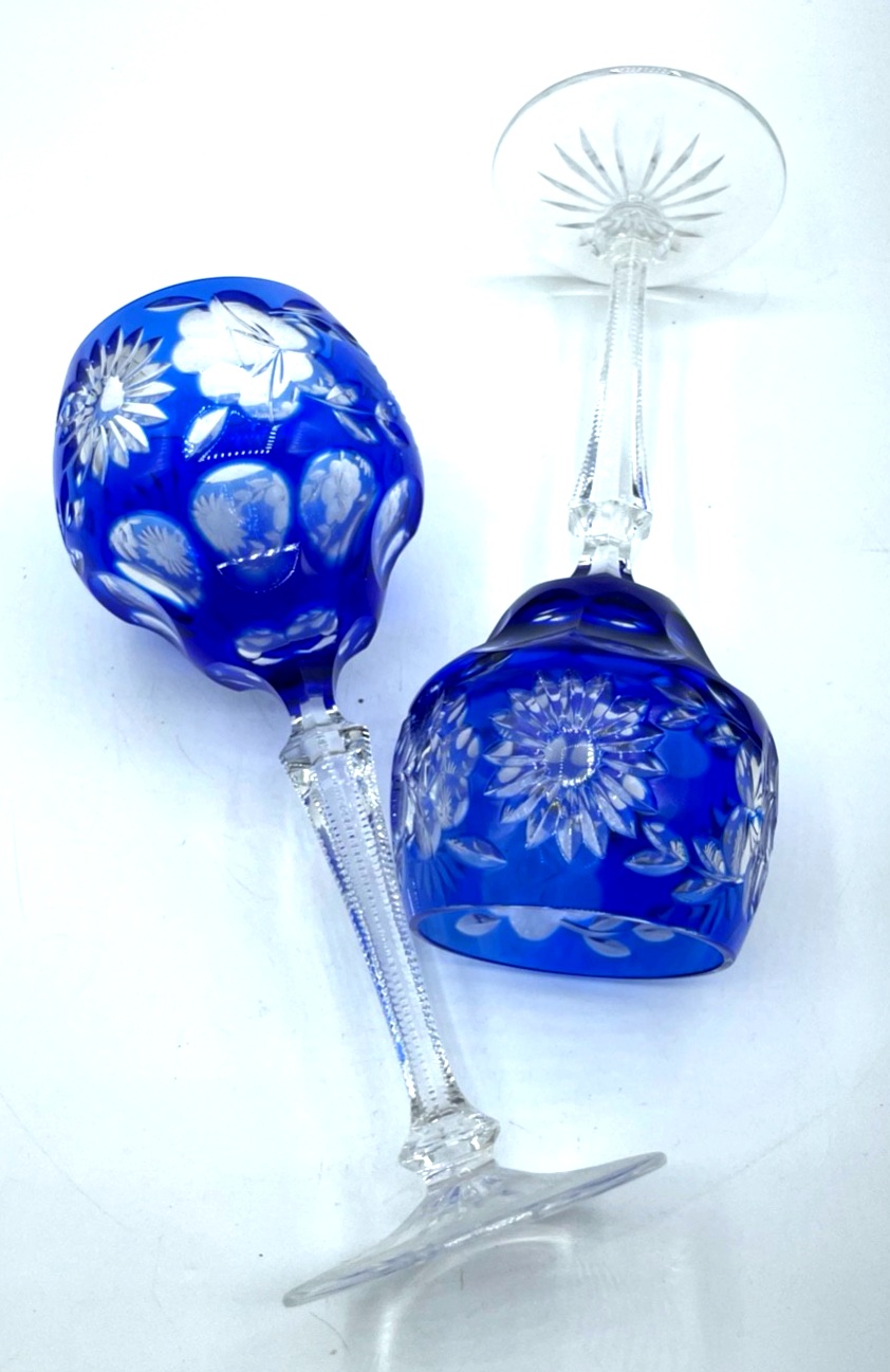 2 vintage Bleikristall Weingläser Römer Handschliff floral Dekor Blau H 21 cm2