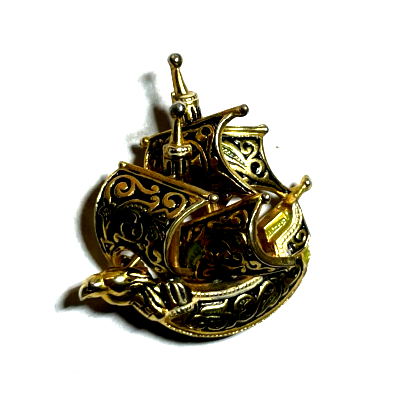 Vintage Toledo Brosche  Anstecknadel Schiff  Damaszener Handarbeit vergoldet rar5
