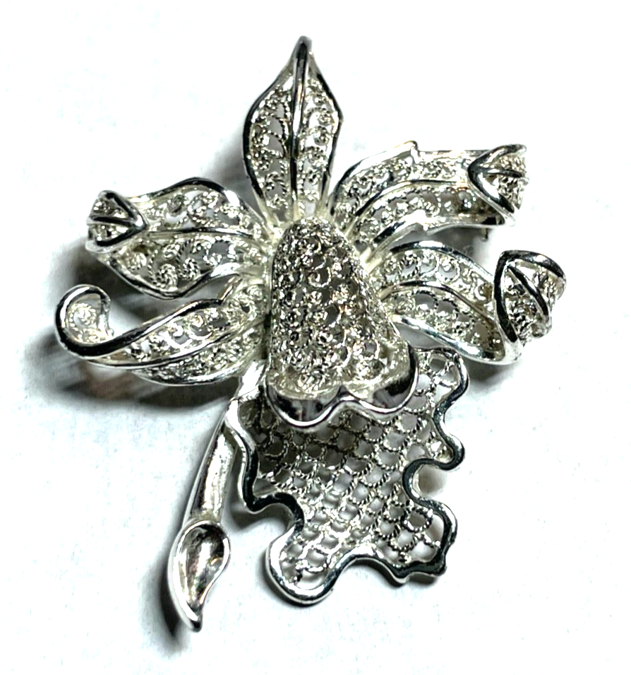 Antik 800 Silber Brosche Anstecknadel Filigransilber Handarbeit Orchidee gepfl.4