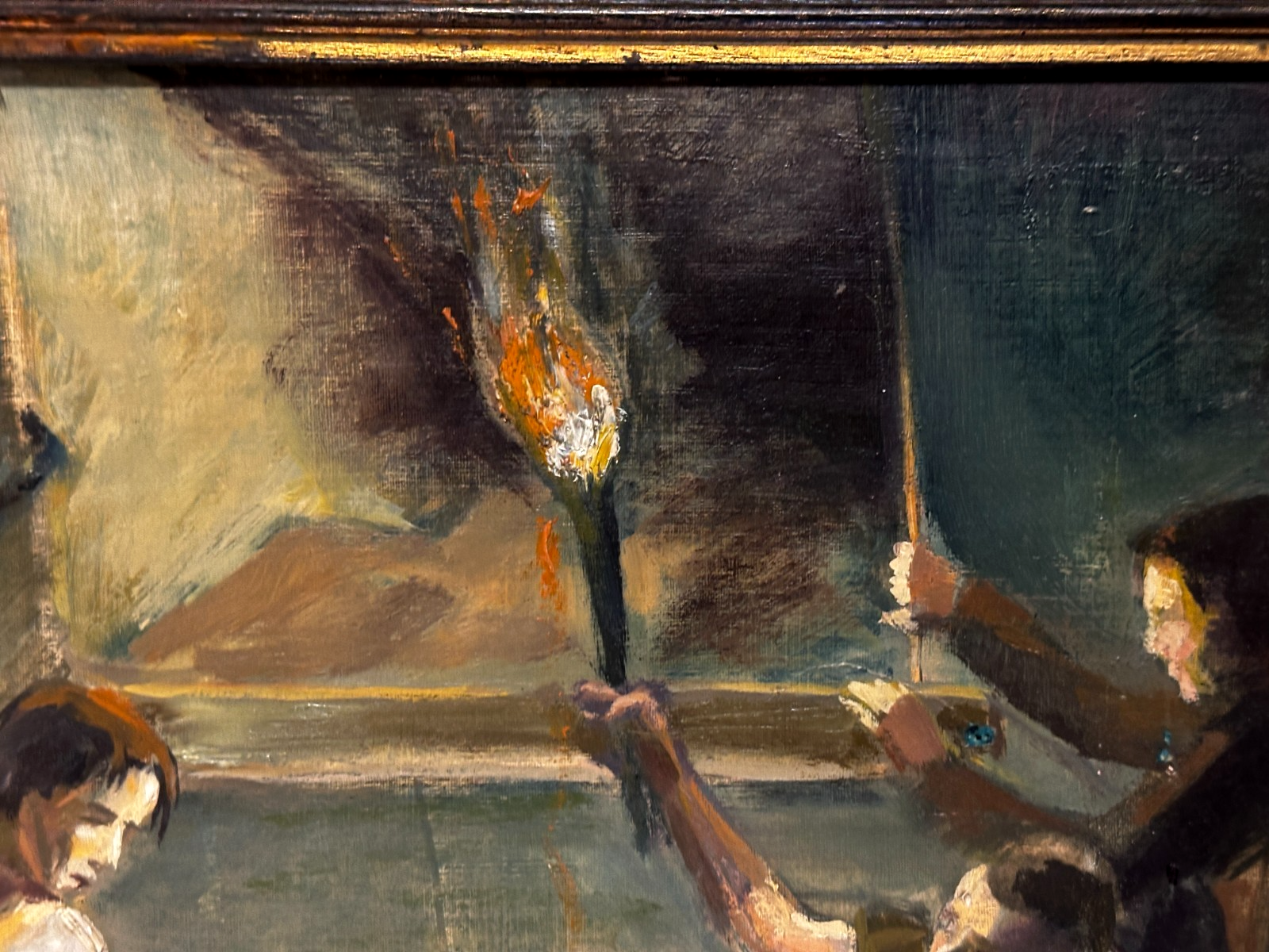Unsigniertes Gemälde um 1950 – Nachtliche Arbeitsszene – Öl auf Leinwand6