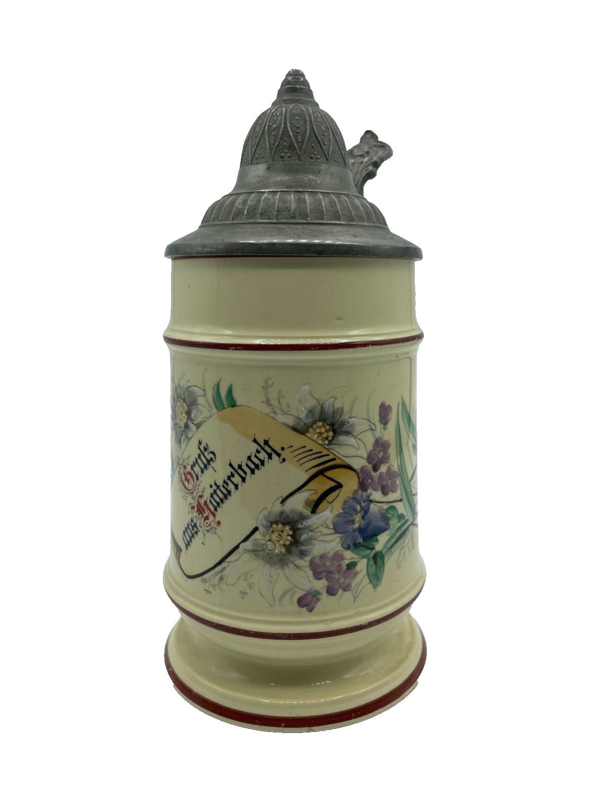 Antik Porzellan Bierkrug mit Zinn Deckel Bier Seidel um 1900 Gruß aus Haiterbach0