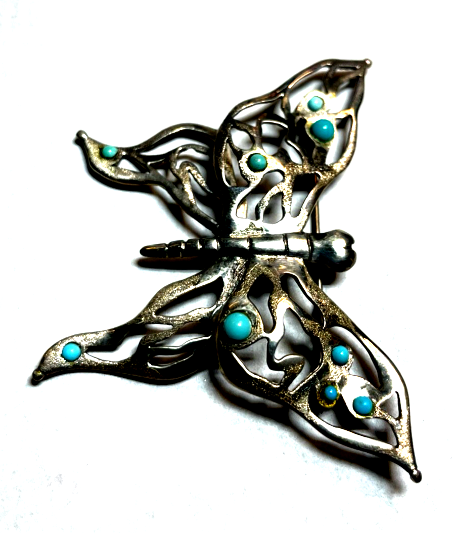 Gr. 925 Sterling Silber Schmetterling Brosche Anhänger mit 9 Türkisen Handarbeit2