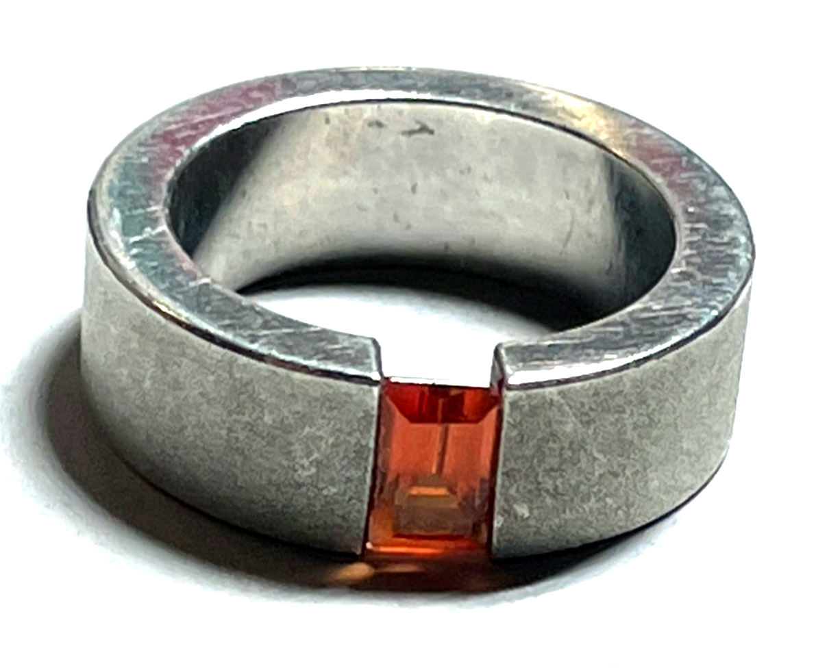 925 Silber Designer Ring Bandring mit orange Granat massiv gebürstet RG 53 Ø16,86