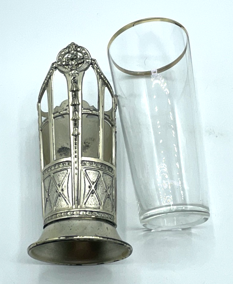Antik Jugendstil Glas in versilberter Metall Montur mit Flötistin + Putte Engel5