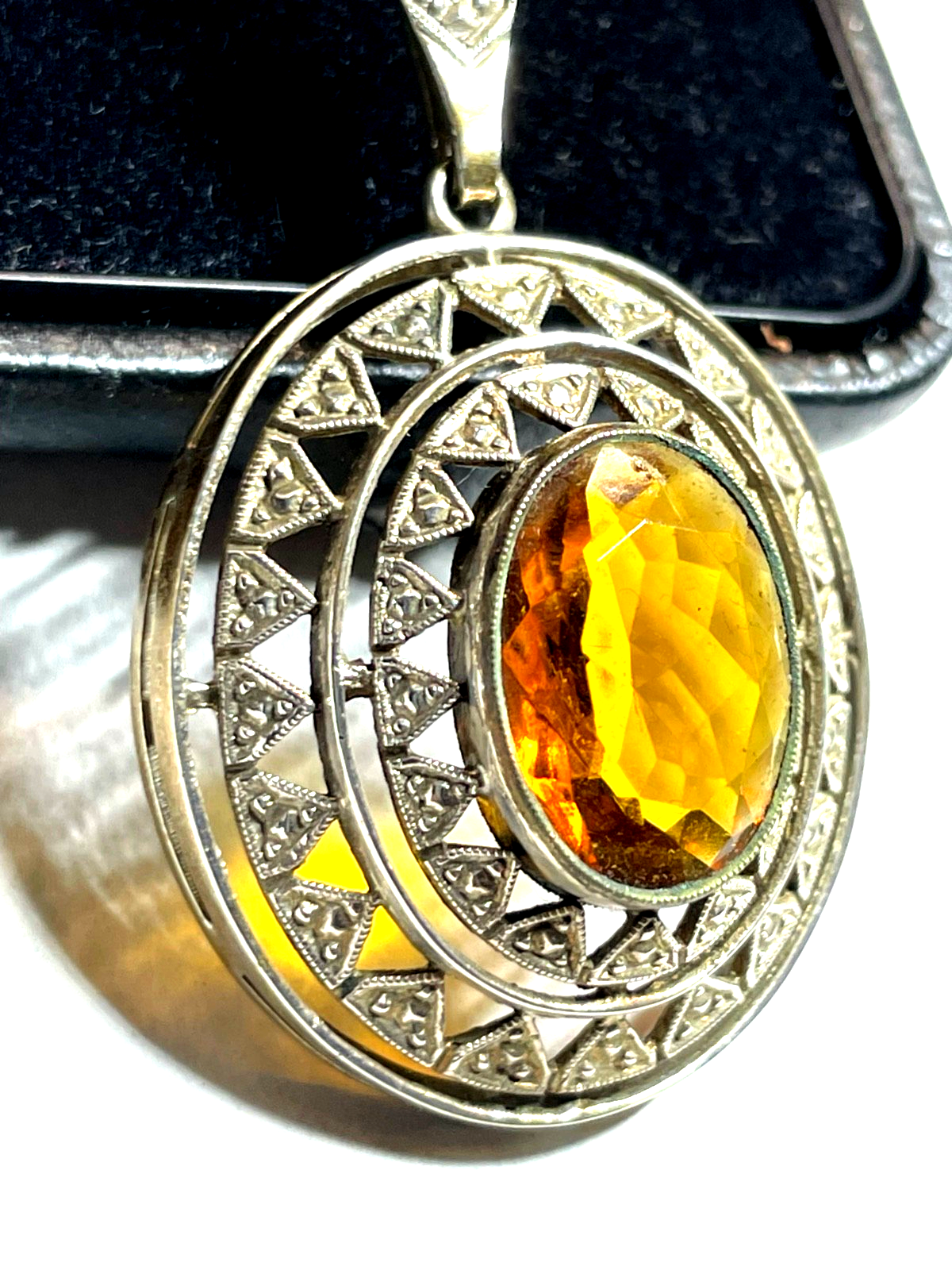 Antik 835 Silber Kette mit großer Anhänger Citrin cognac farbig 20er J gepflegt5