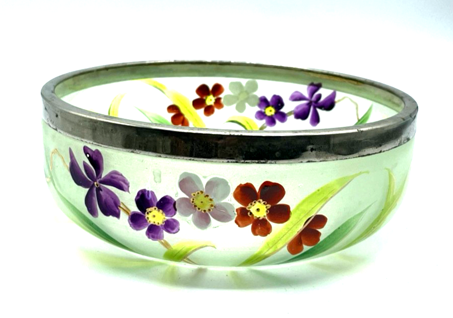 Jugendstil antik Glas Schüssel Anbieten Schale handbemalt Blumen Dekor7