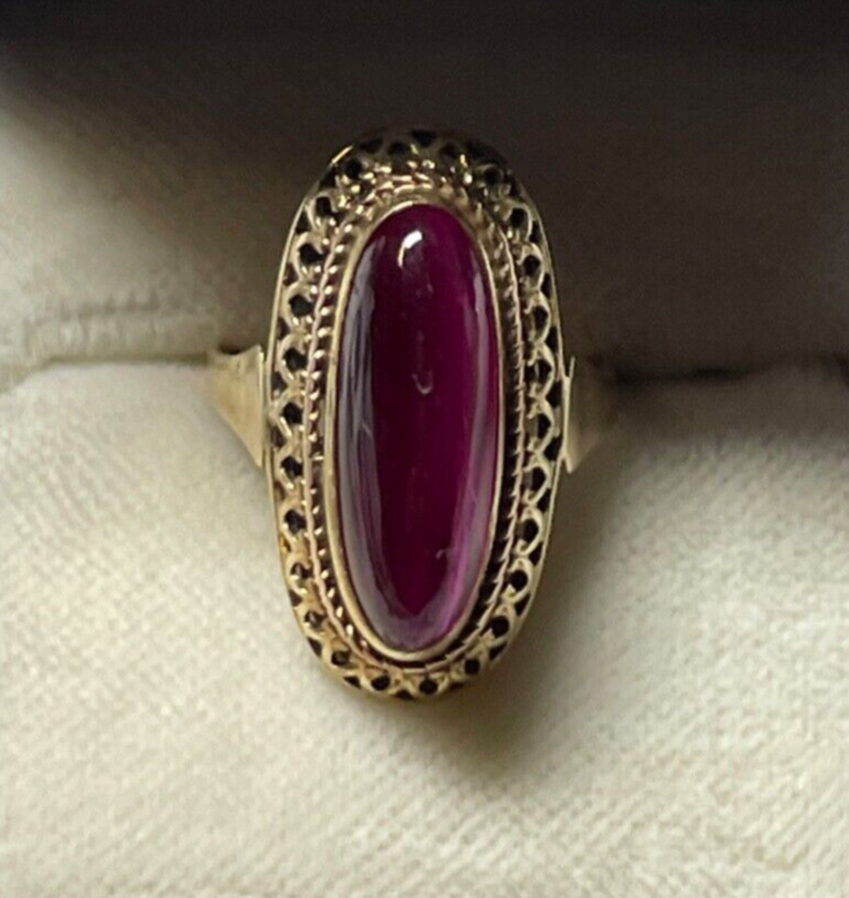 585 Gold 14 K antik Ring mit rotem Korund Farbstein Cabochon RG 47 Juwelier gepf7