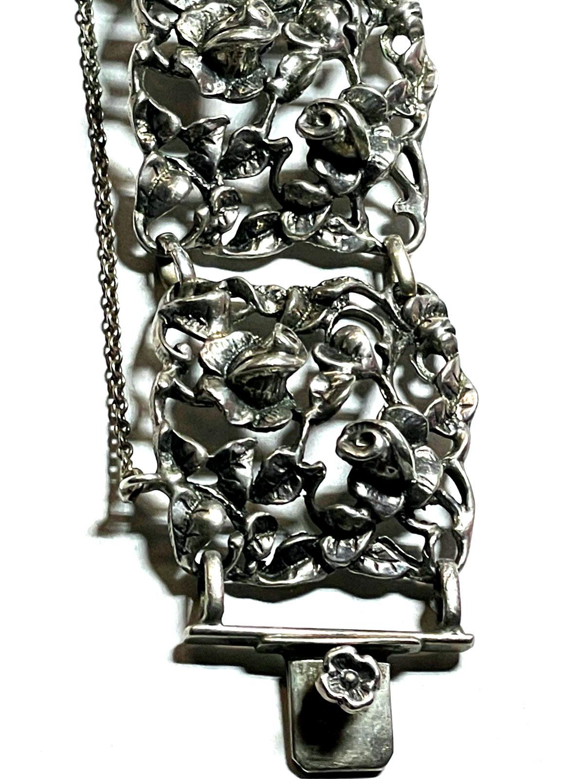Stattliches 835 Silber Armband Jugendstil plastisches Rosen Dekor L 18cm B 30mm9
