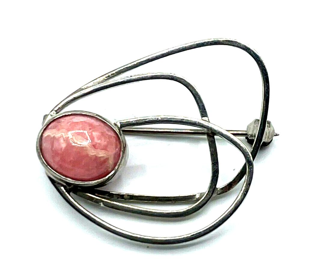 70er J Design 925 Silber Brosche Anstecknadel Handarbeit Rhodochrosit Cabochon0