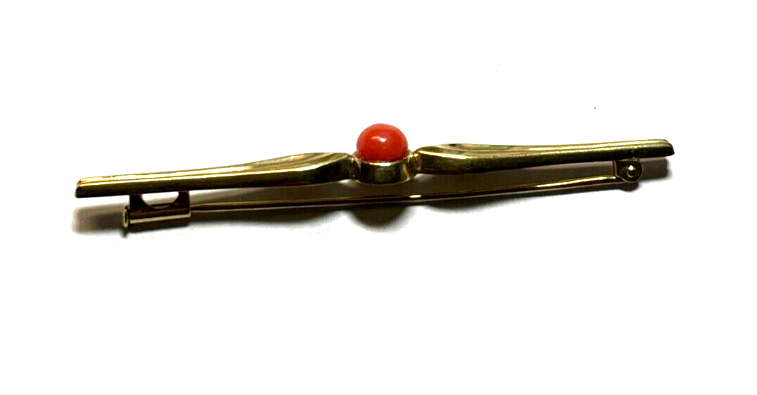 Klassische Stabbrosche Anstecknadel 333 Gold 8 K GG mit Koralle Button gepflegt7