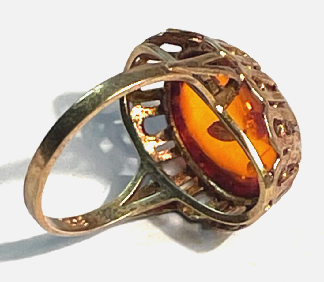 Vintage 333 Gold 8 K Ring Bernstein Cabochon Etagen Fassung Ø 17 mm RG 5410
