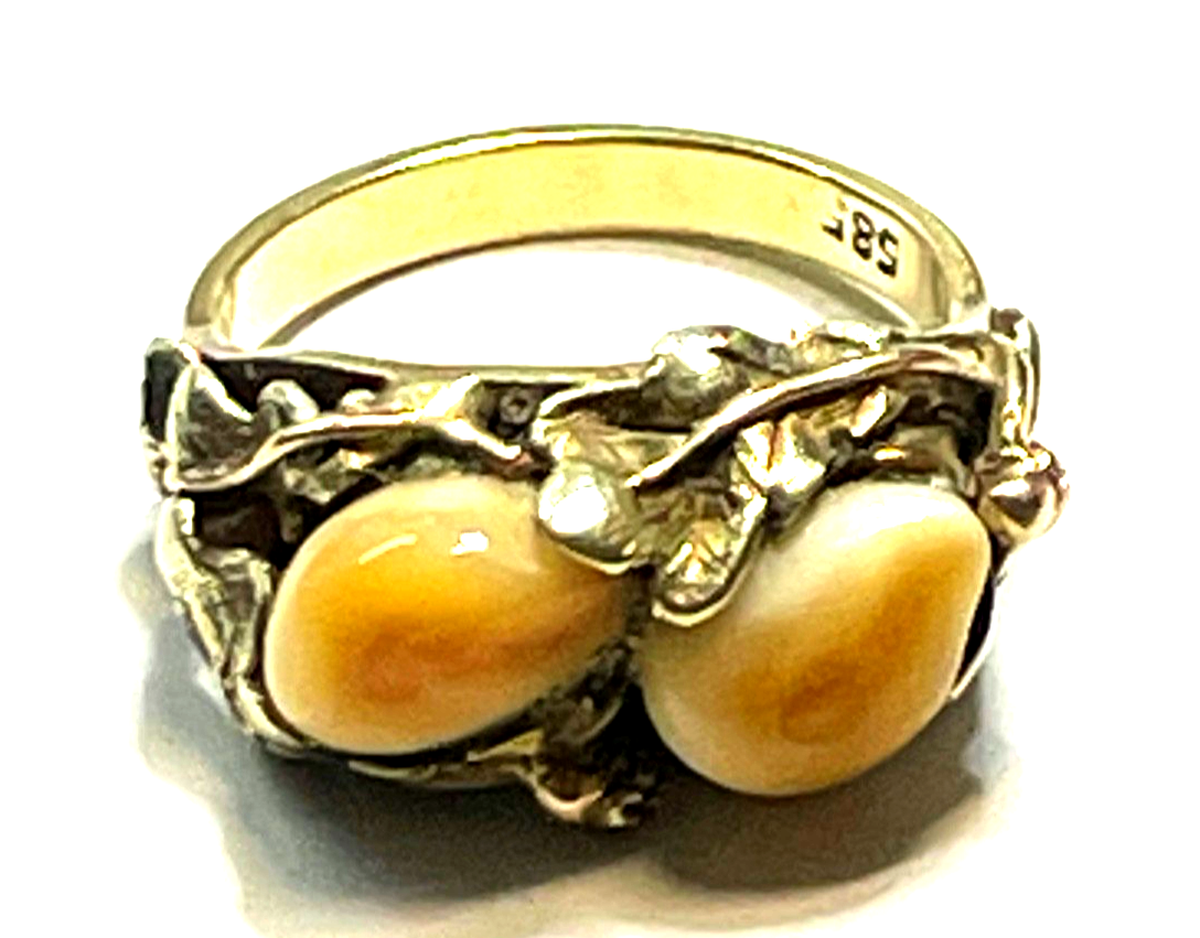 585 Gold 14 K antik Ring mit 2 x Grandel  RG 49 Ø 15,6 mm sehr apart  + gepflegt2