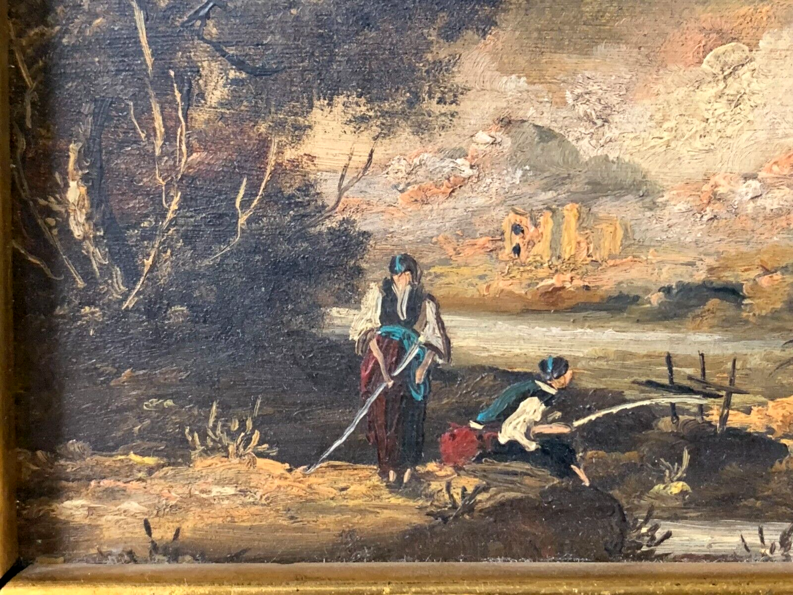 Öl auf Messingplatte - Landschaftsbild + Angler - Miniatur - gerahmt & signiert1