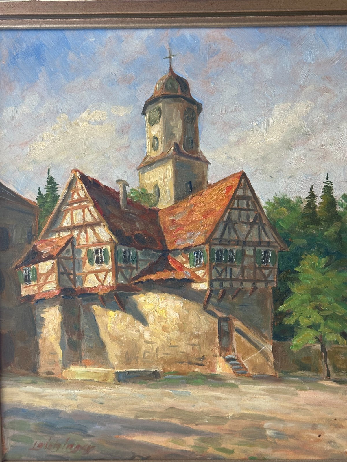 Öl auf Platte - Laichingen - 'Heiligen' mit Kirchenturm - gerahmt unsigniert1