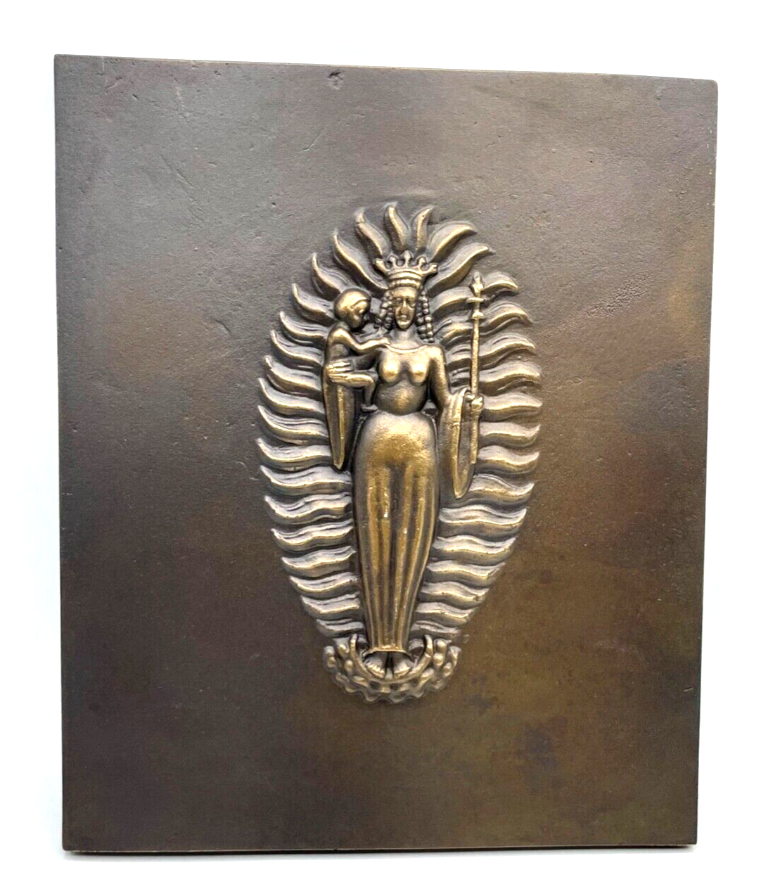 Attraktive Künstler Bronze Relief Tafel Maria Jesuskind Bronzetafel 26,5 x 22 cm7