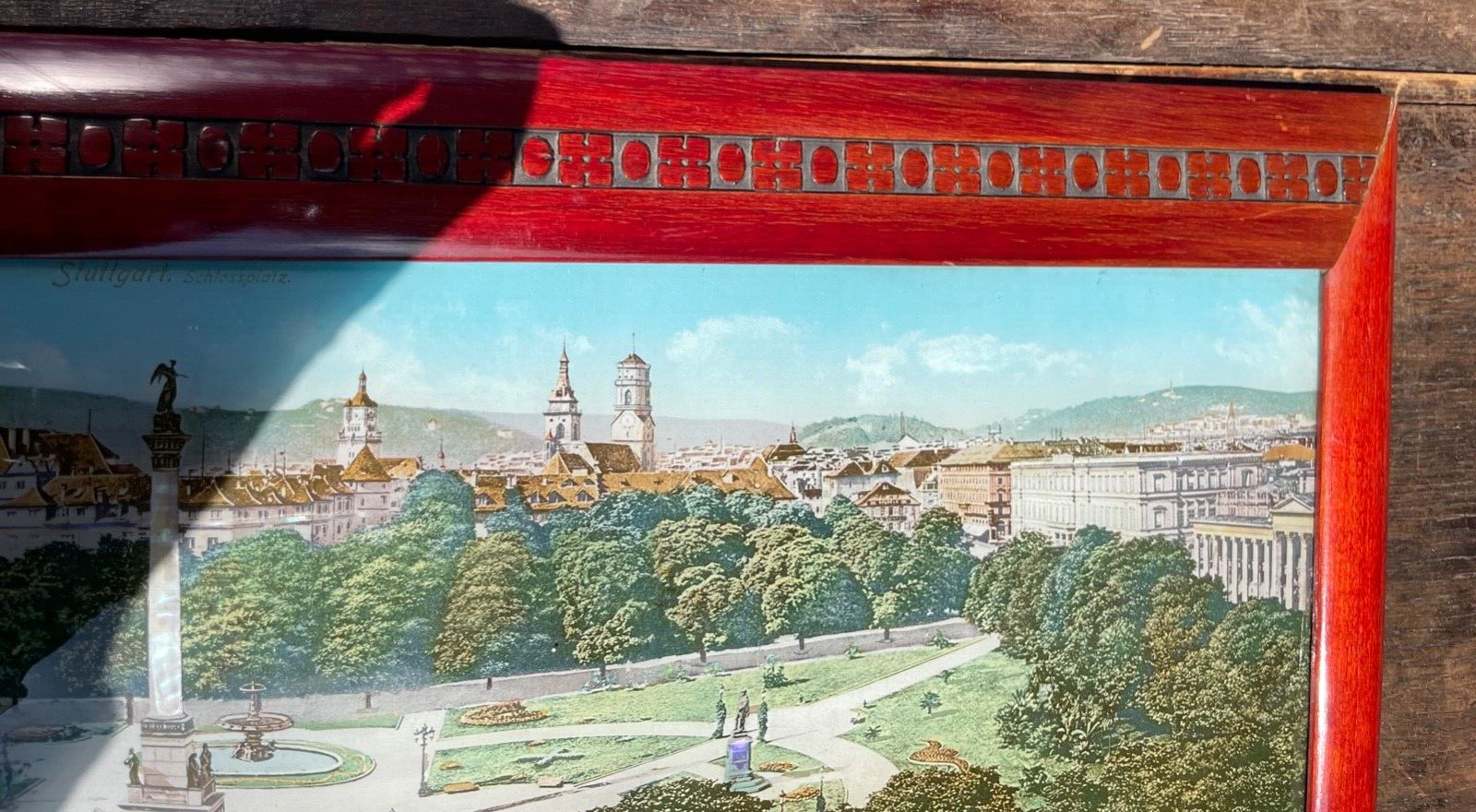Jugendstil gr Souvenir Bild Stuttgart gerahmt Perlmutt Reiseandenken 1900 L 48cm11