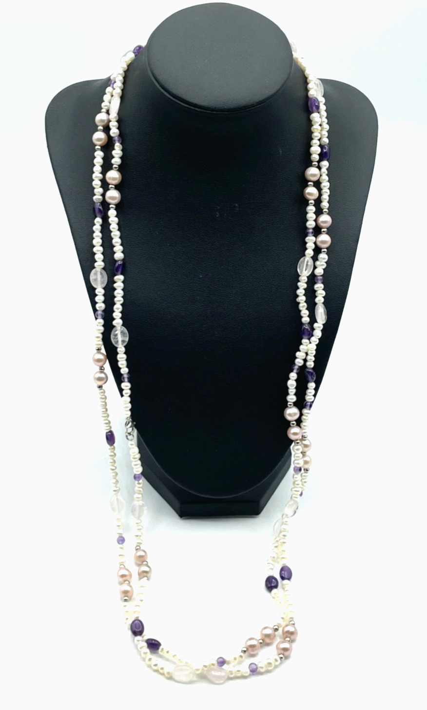 Gemischte Edelstein Kette 925 Silber Elemente + SWZ Perlen L 165 cm lang gepfl.0