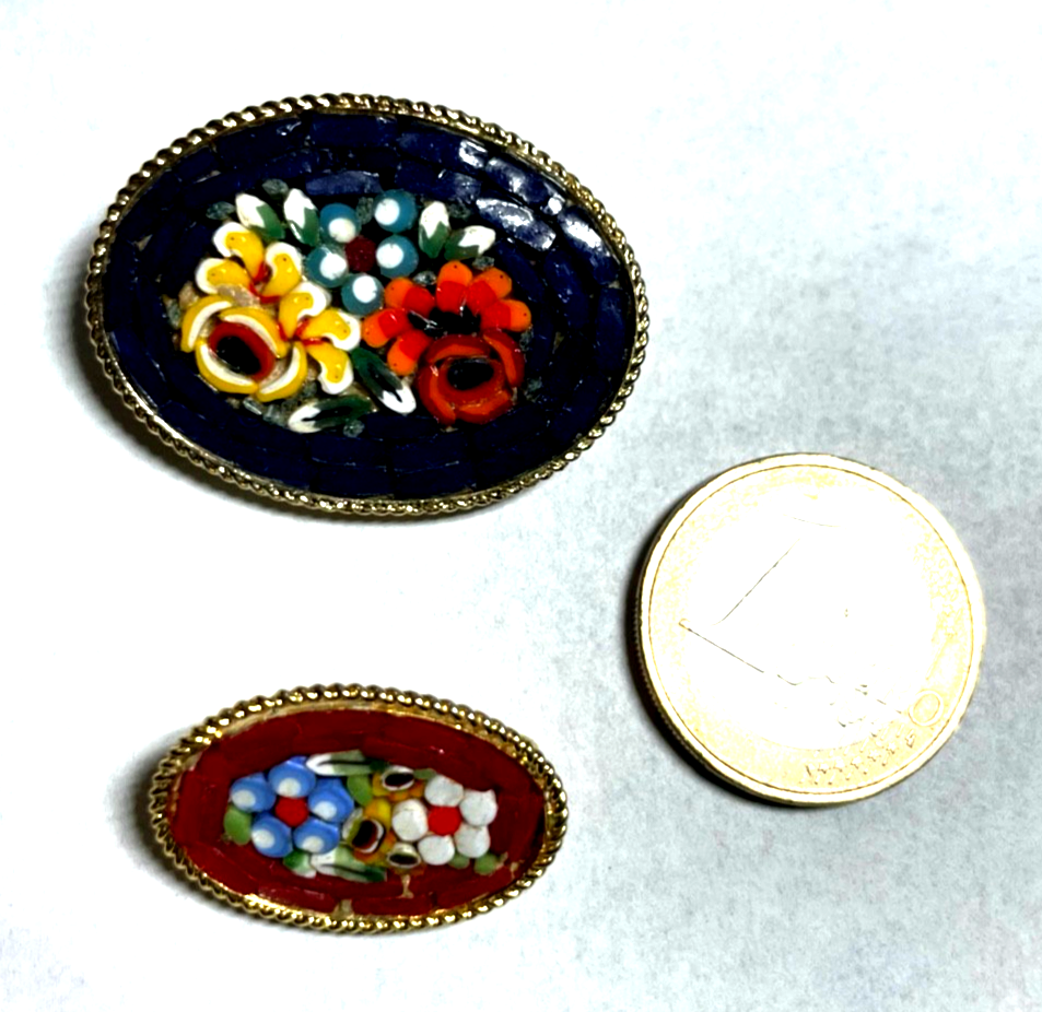 2 vintage ovale Glasmosaik Broschen Italien Micromosaik Blumen Bukett vergoldet1