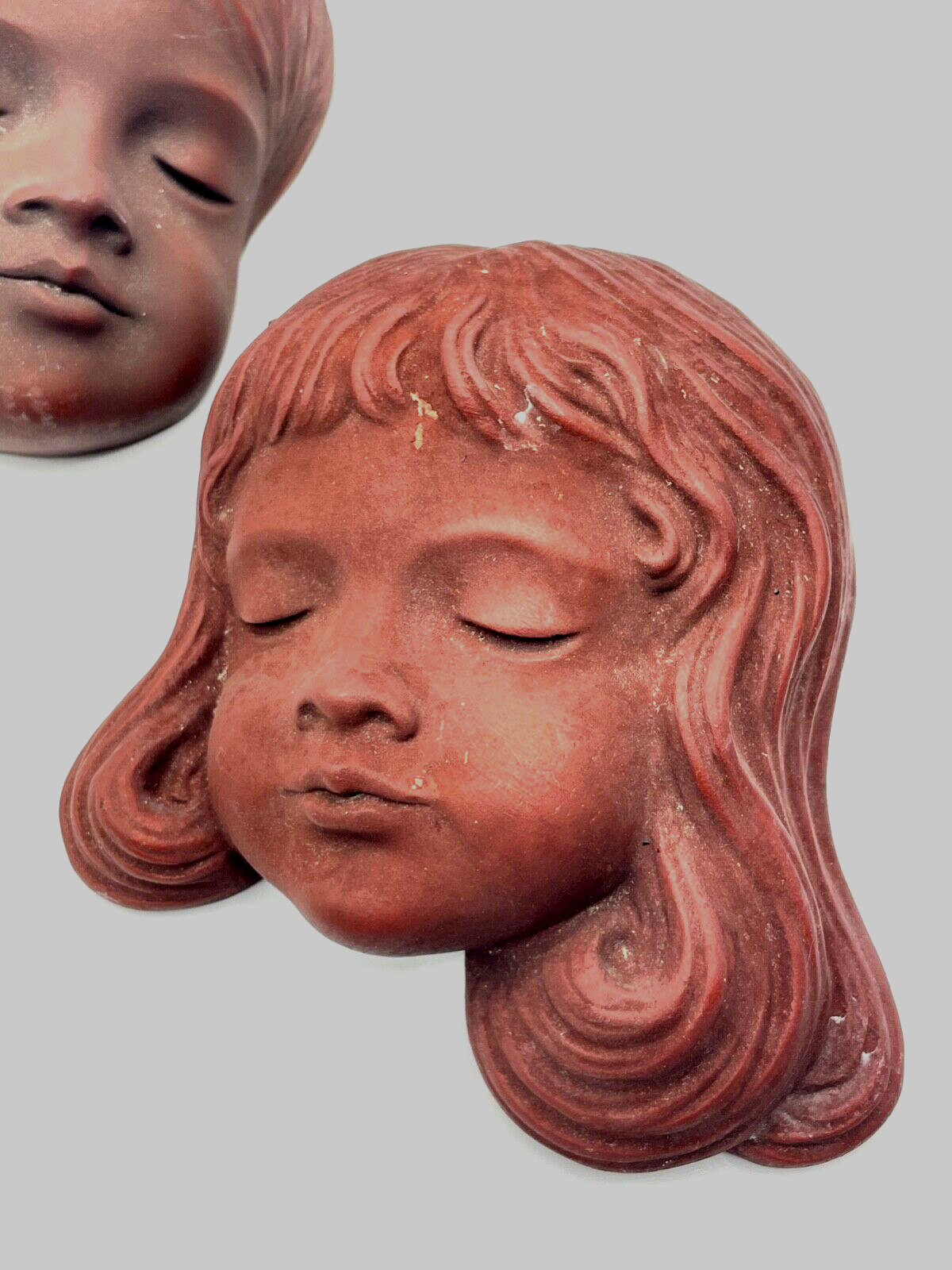 Paar vintage Achatit Wandmaske Junge + Mädchen Kinder 2 Masken 50er 60er Jahre3