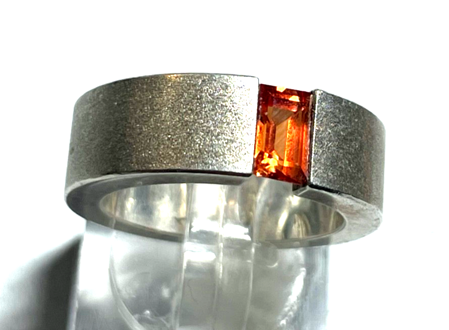 925 Silber Designer Ring Bandring mit orange Granat massiv gebürstet RG 53 Ø16,80