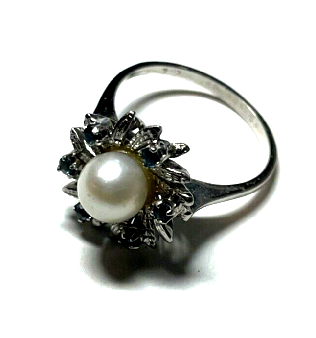 750 Gold 18 K Ring Weißgold Perle + 6 Saphir klassisch Ø 16,2 mm RG 51 Juwelier6