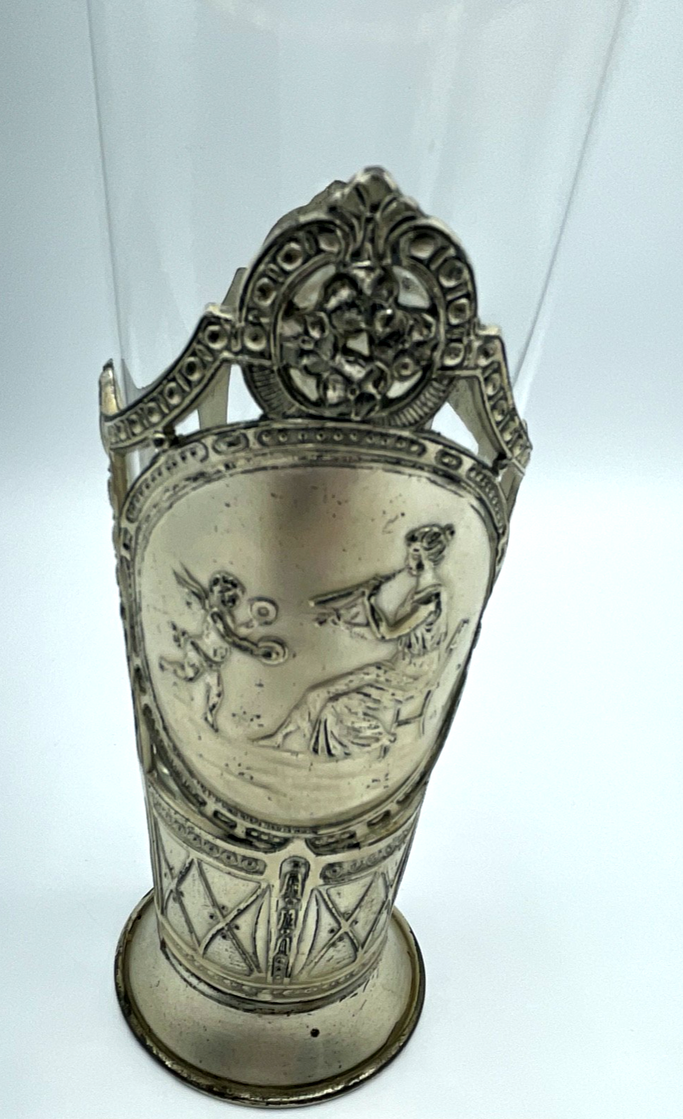 Antik Jugendstil Glas in versilberter Metall Montur mit Flötistin + Putte Engel2