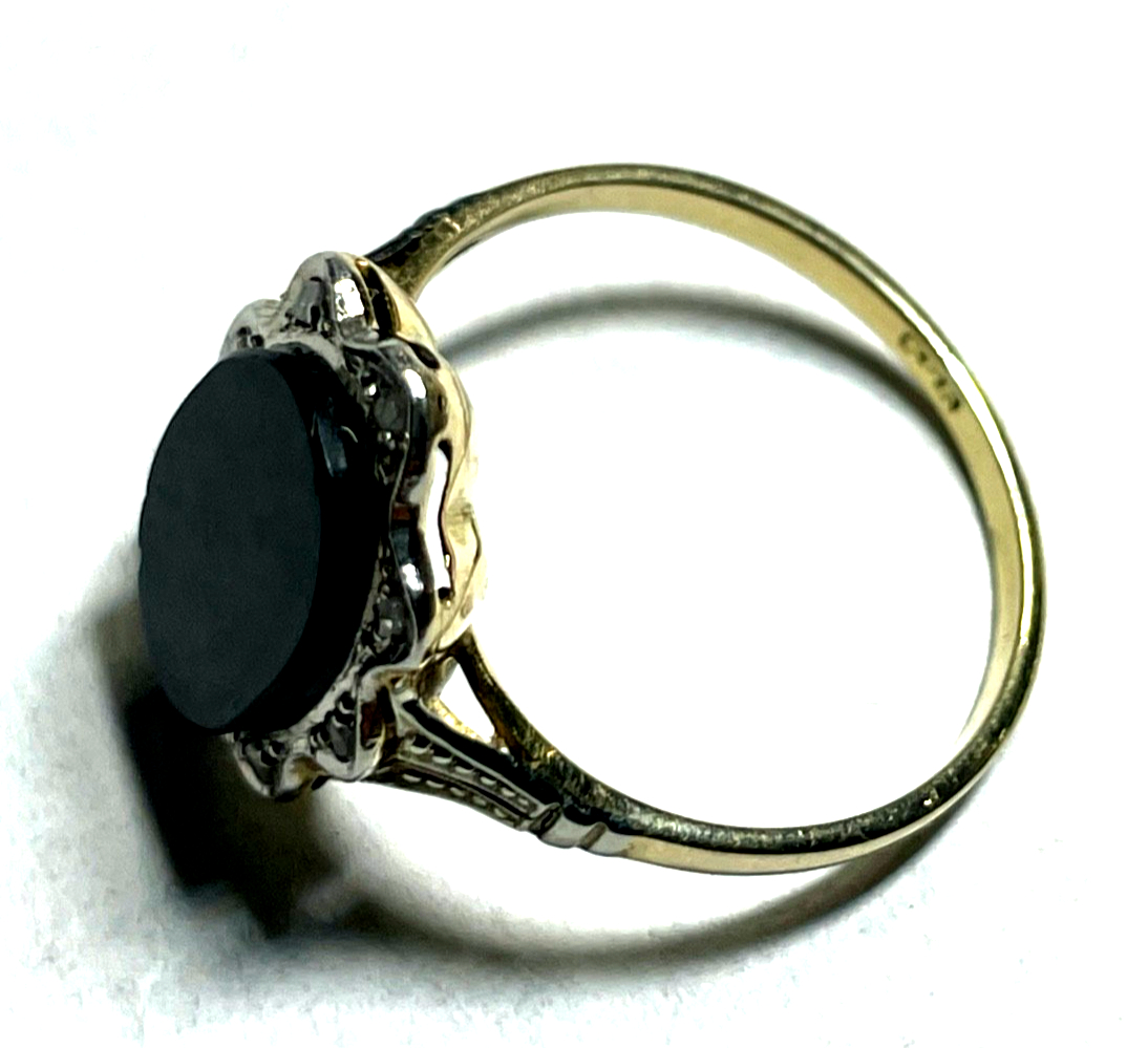 585 Gold 14 K Ring Bicolor orig. Art Deco Onyx Tafel + 8 Diamanten Ø 17,5 RG 559