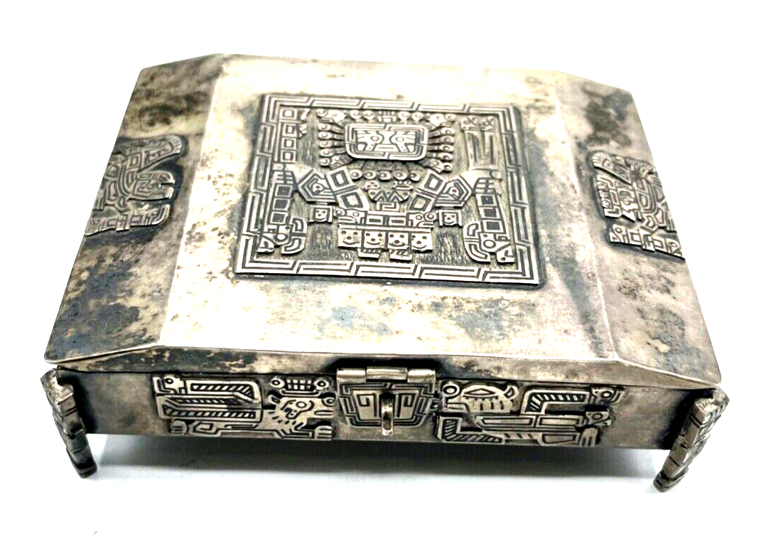 Vintage Silber Dose Deckeldose Maya Azteken Inka Silberdose 126 Gr. Handarbeit0