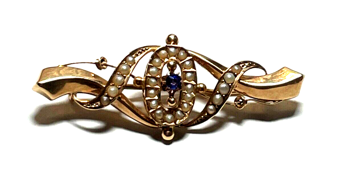 Antik edle 585 Gold 14 K Brosche Saphir Orientperlen Historismus Saatperlen0