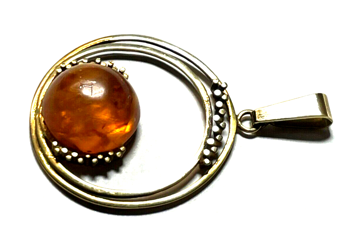 Gr. vintage 70er J 333 Gold 8 K Anhänger Bernstein Cabochon L 57 mm Modernist7