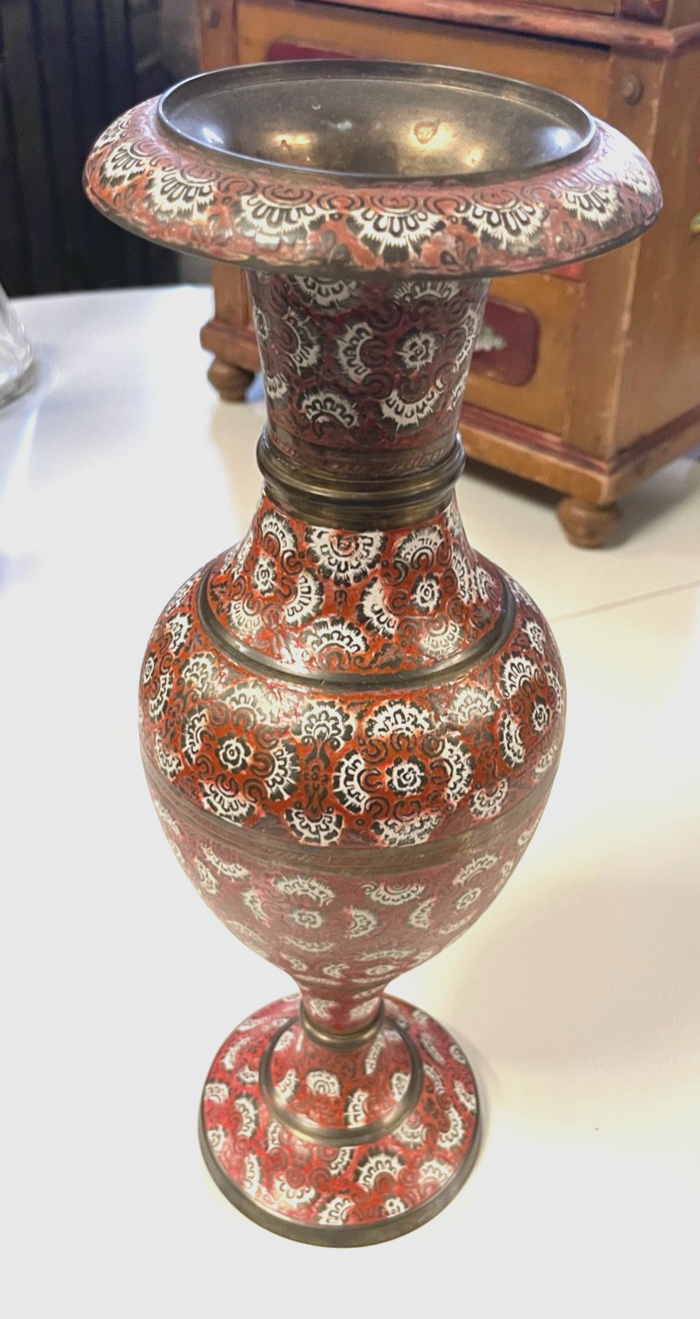 Alte Handarbeit persische Vase Messing handbemalt H 31 cm Dachbodenfund0