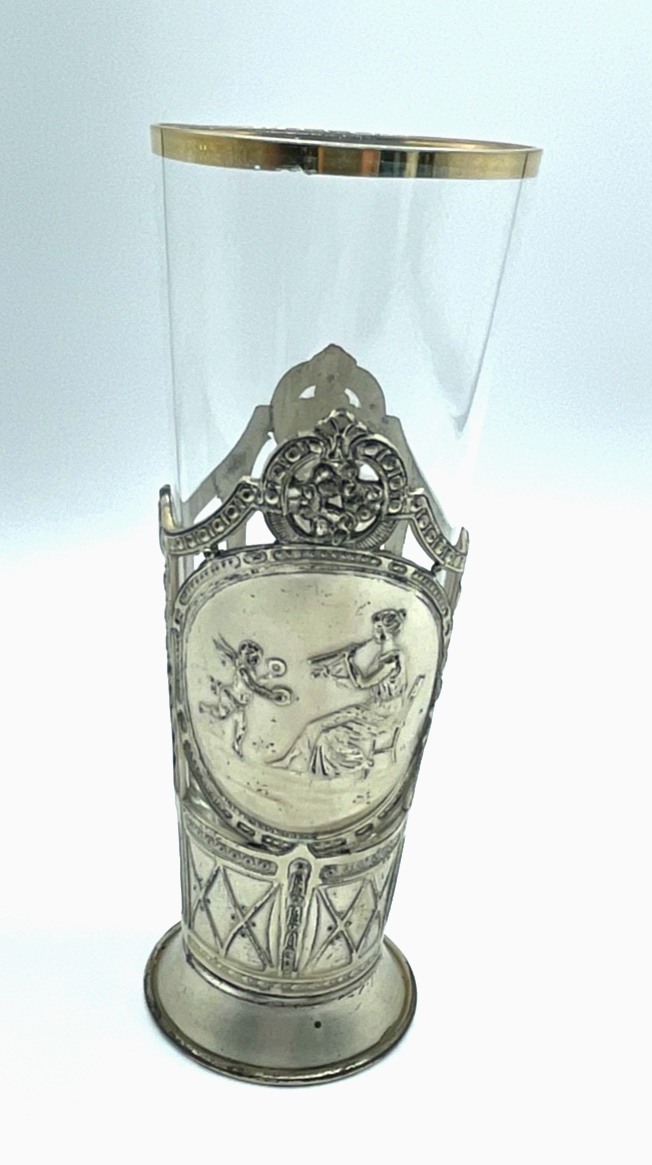 Antik Jugendstil Glas in versilberter Metall Montur mit Flötistin + Putte Engel1