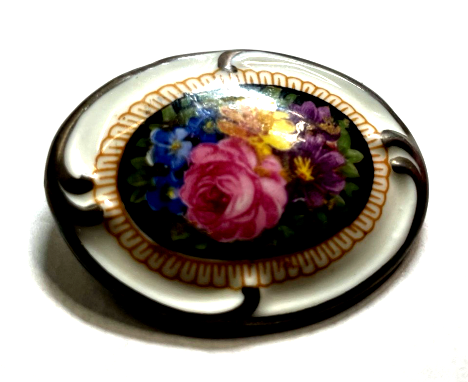 Antik Schumann Porzellan Brosche Blumen Motiv Handmalerei 30er Jahre H 37 mm0