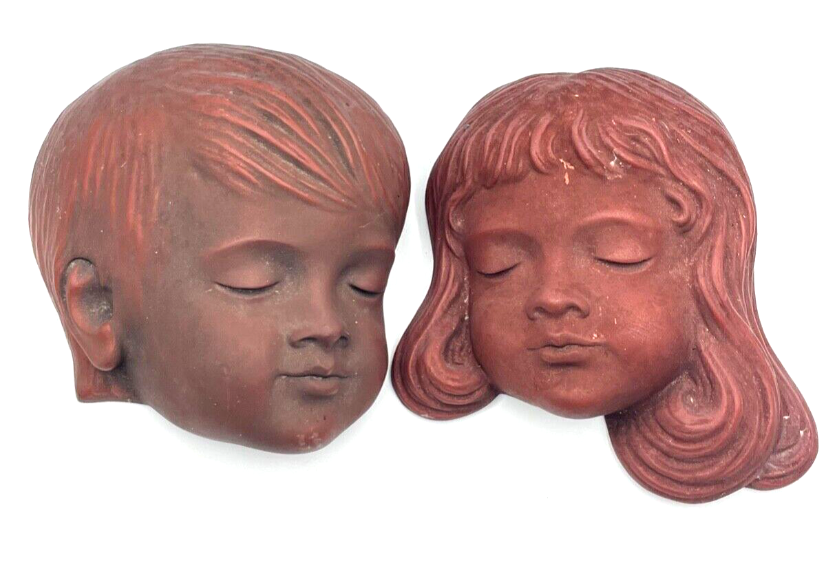 Paar vintage Achatit Wandmaske Junge + Mädchen Kinder 2 Masken 50er 60er Jahre7