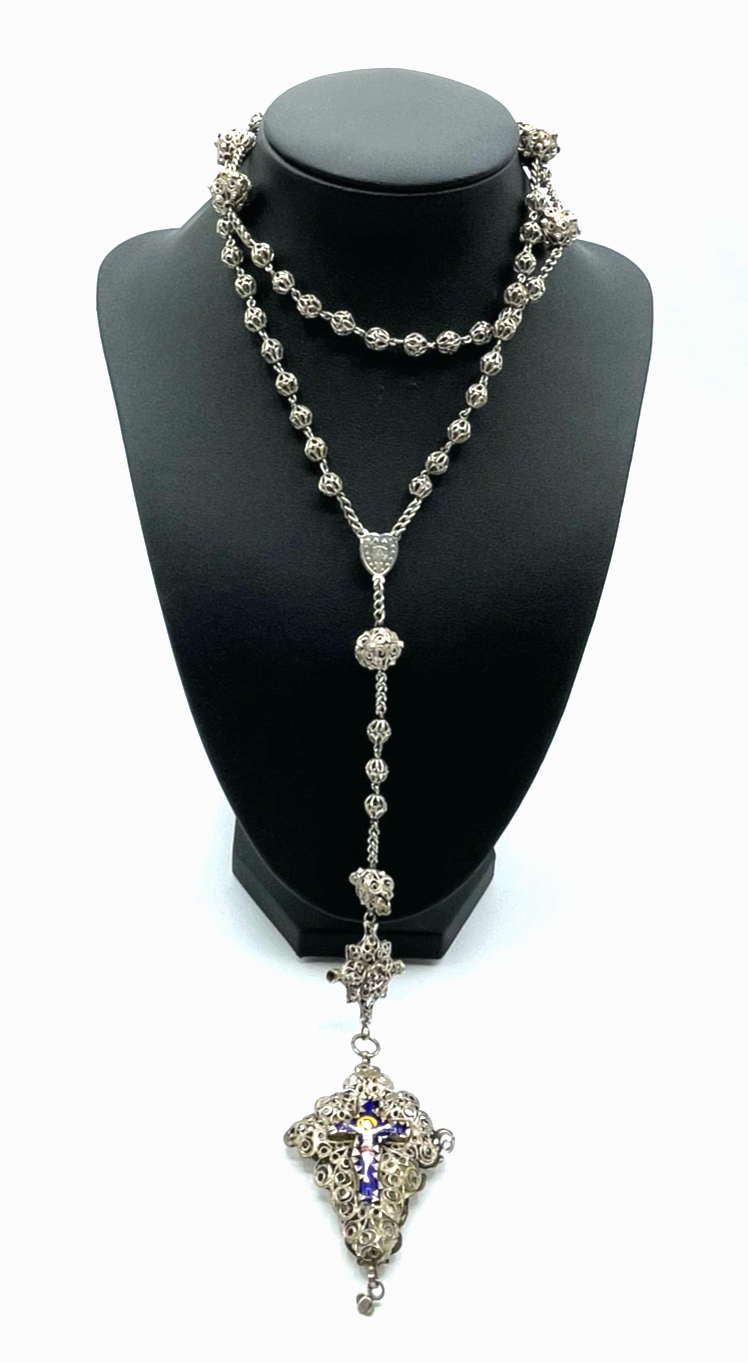 Antik Biedermeier Rosenkranz Filigran + Emaille Kreuz Perlen Filigransilber  A0