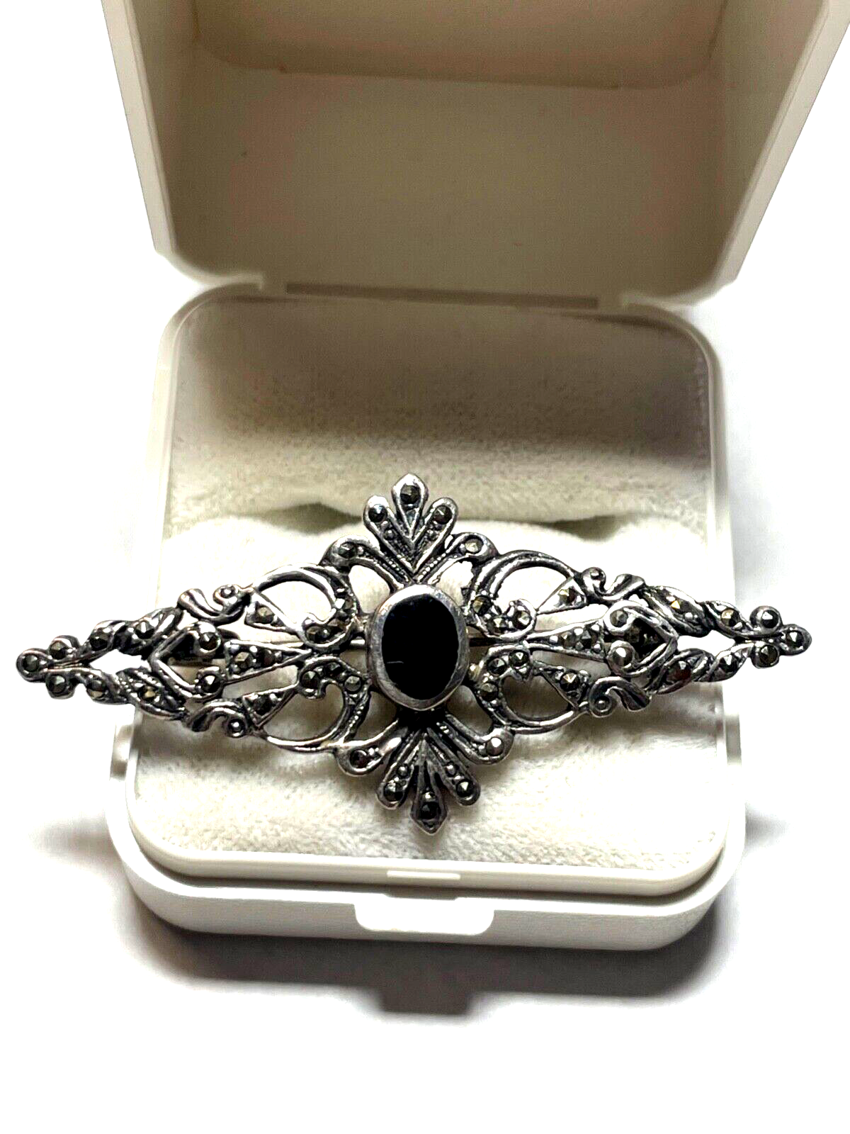 925 Sterling Silber Brosche Onyx Markasit im Antikstil Handarbeit apart L 53 mm0