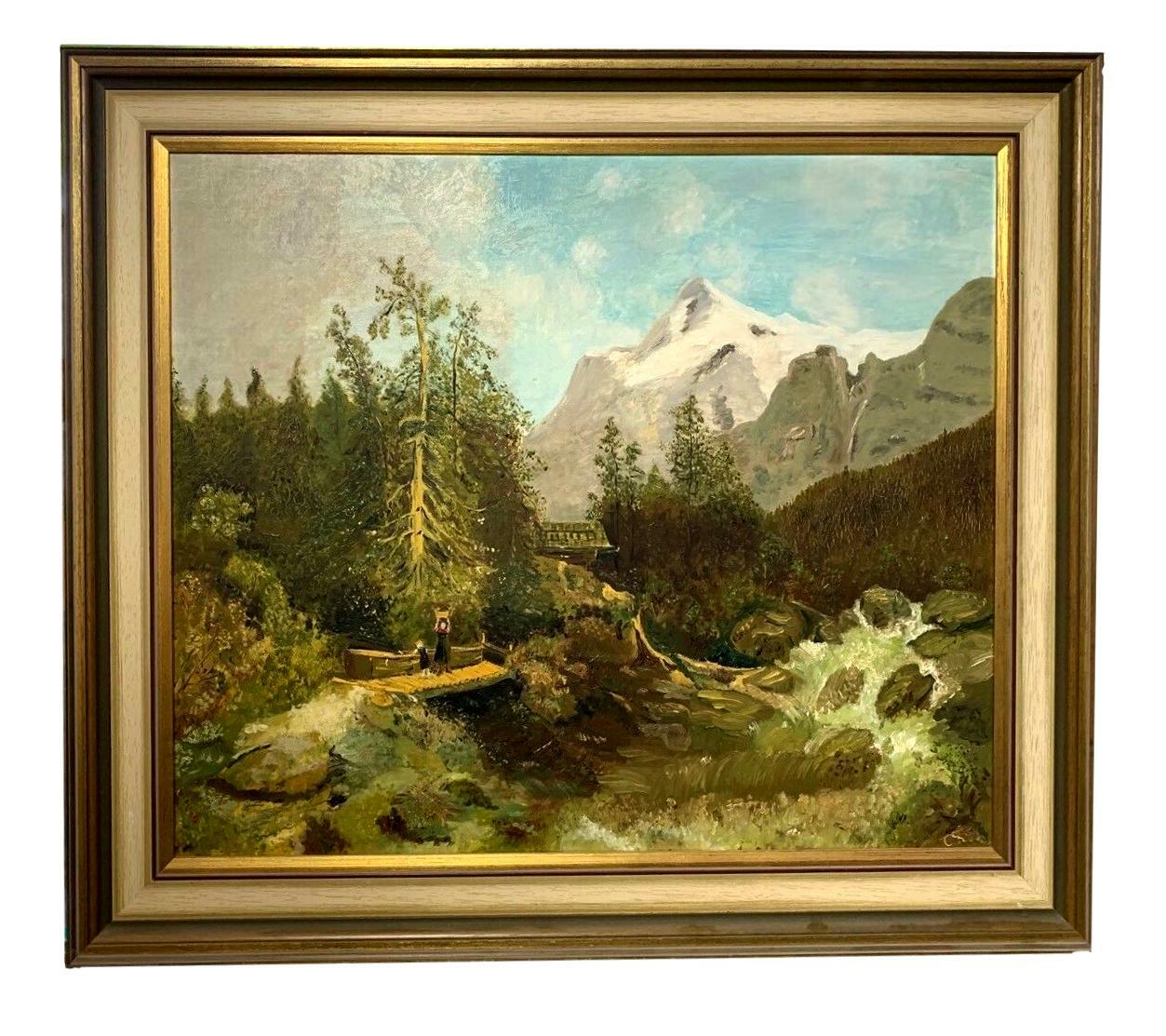 Ölgemälde - Öl auf Leinwand - signiert Monogramm - 'Der Gebirgsbach' - gerahmt0